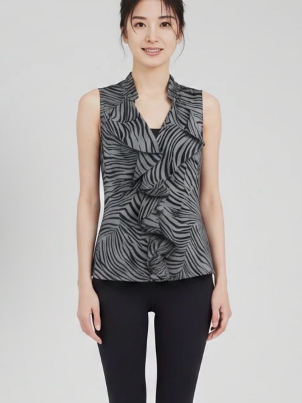 Ann Taylor Black and Gray Ruffle Zebra-Print Sleeveless Blouse Size 6